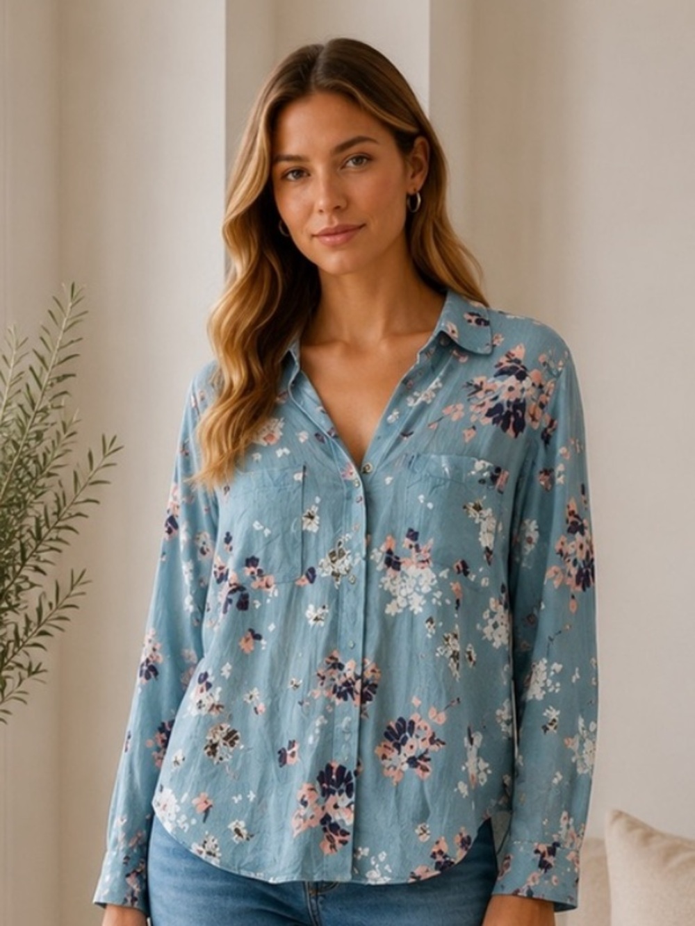 Cloth & Stone Dusty Blue Floral Button Down Shirt Lightweight size Medium